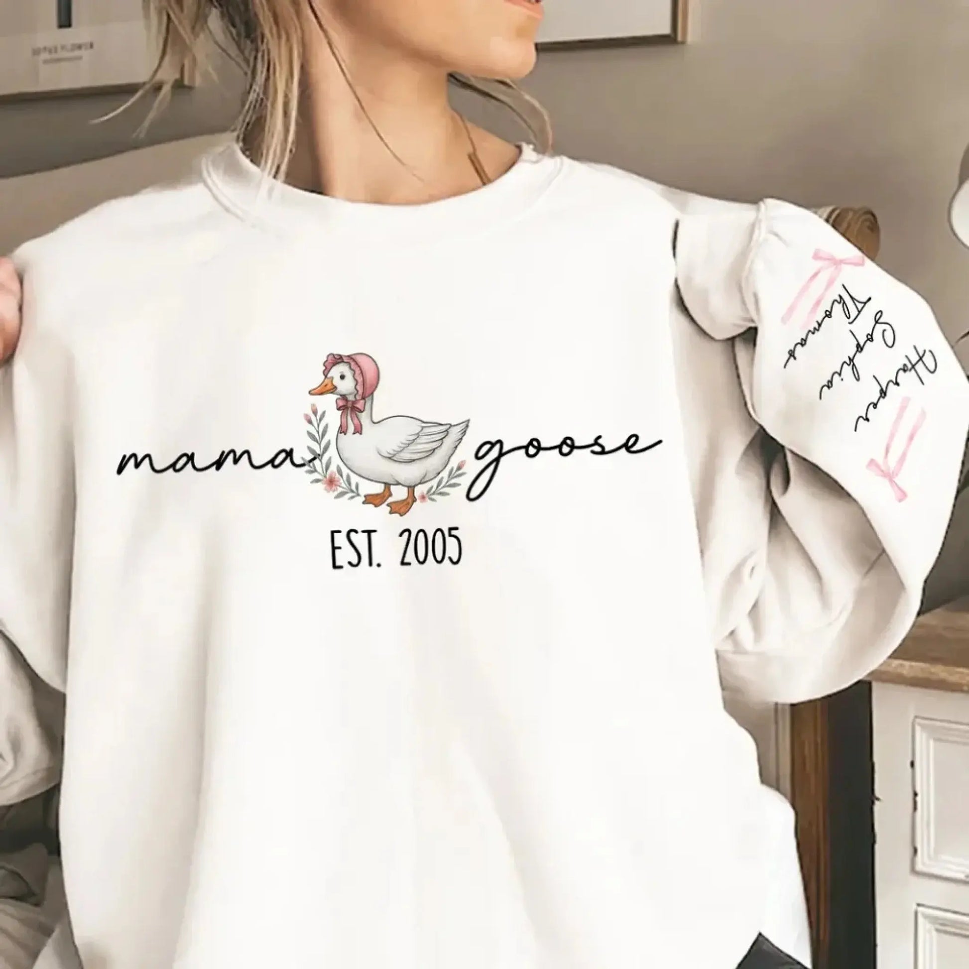 Mama Goose Est. Sweatshirt – Personalized Sleeve Printed Pullover – Custom Gift for Mom or Grandma  Ezcustomize