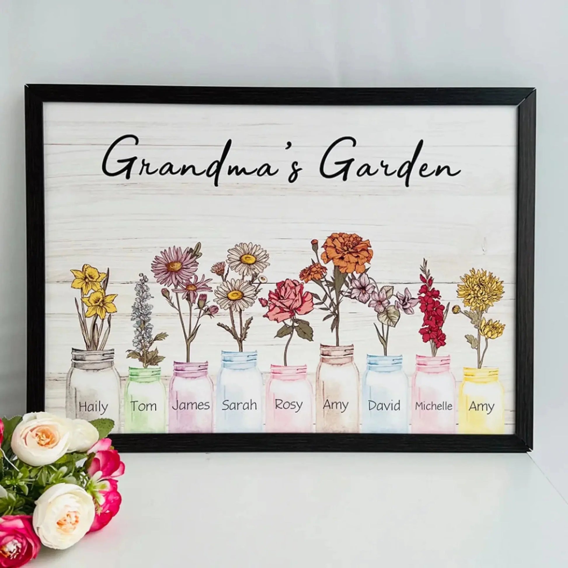 Mom’s/Grandma’s Garden Birth Flower Art – Personalized Horizontal Poster/Canvas – Custom Wall Art Gift with Kids’ or Grandkids’ Birth Months  Ezcustomize