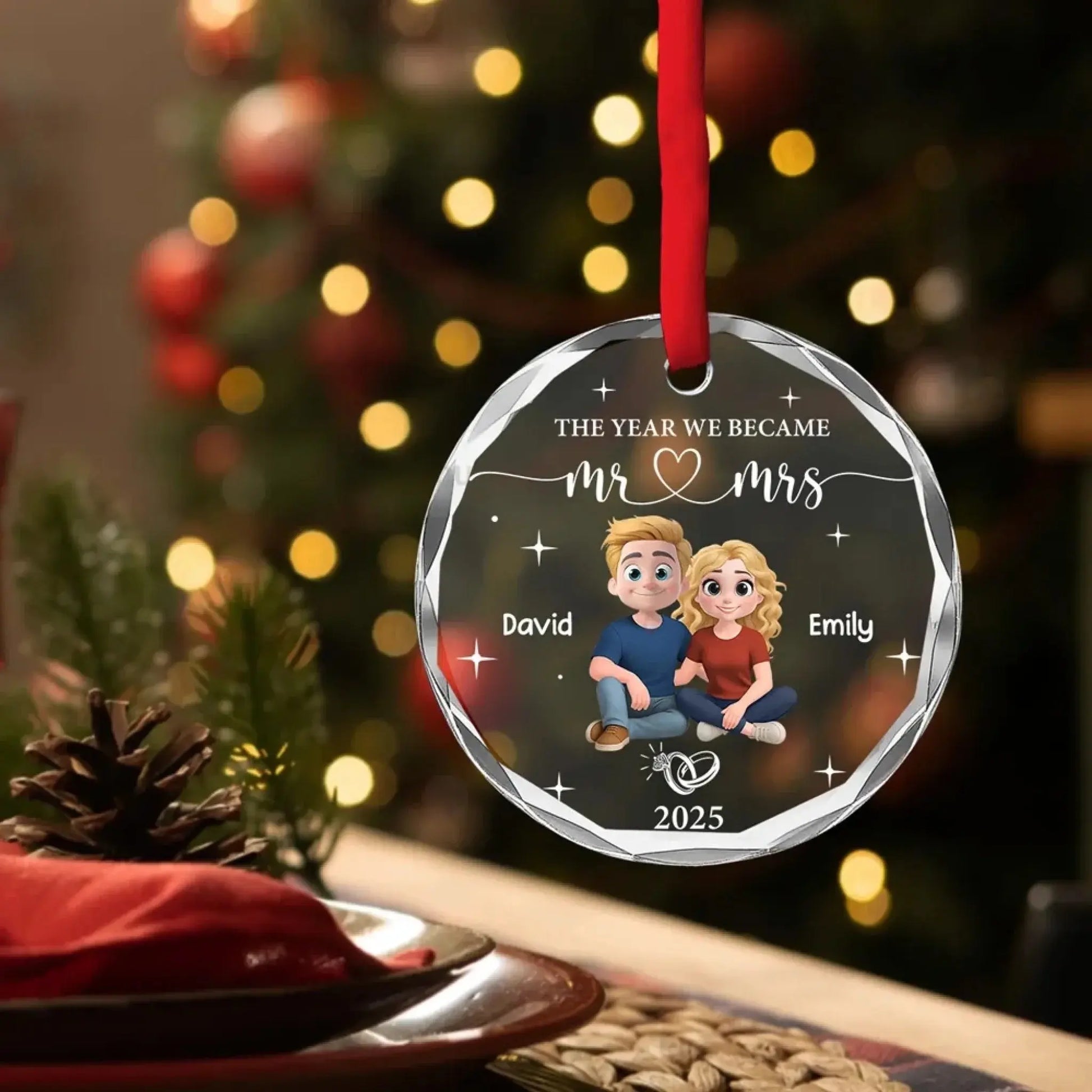Mr ♥ Mrs Round Crystal Ornament – Seated Couple with Star Accents – Personalized Anniversary Gift for Husband, Wife, or Partner  Ezcustomize