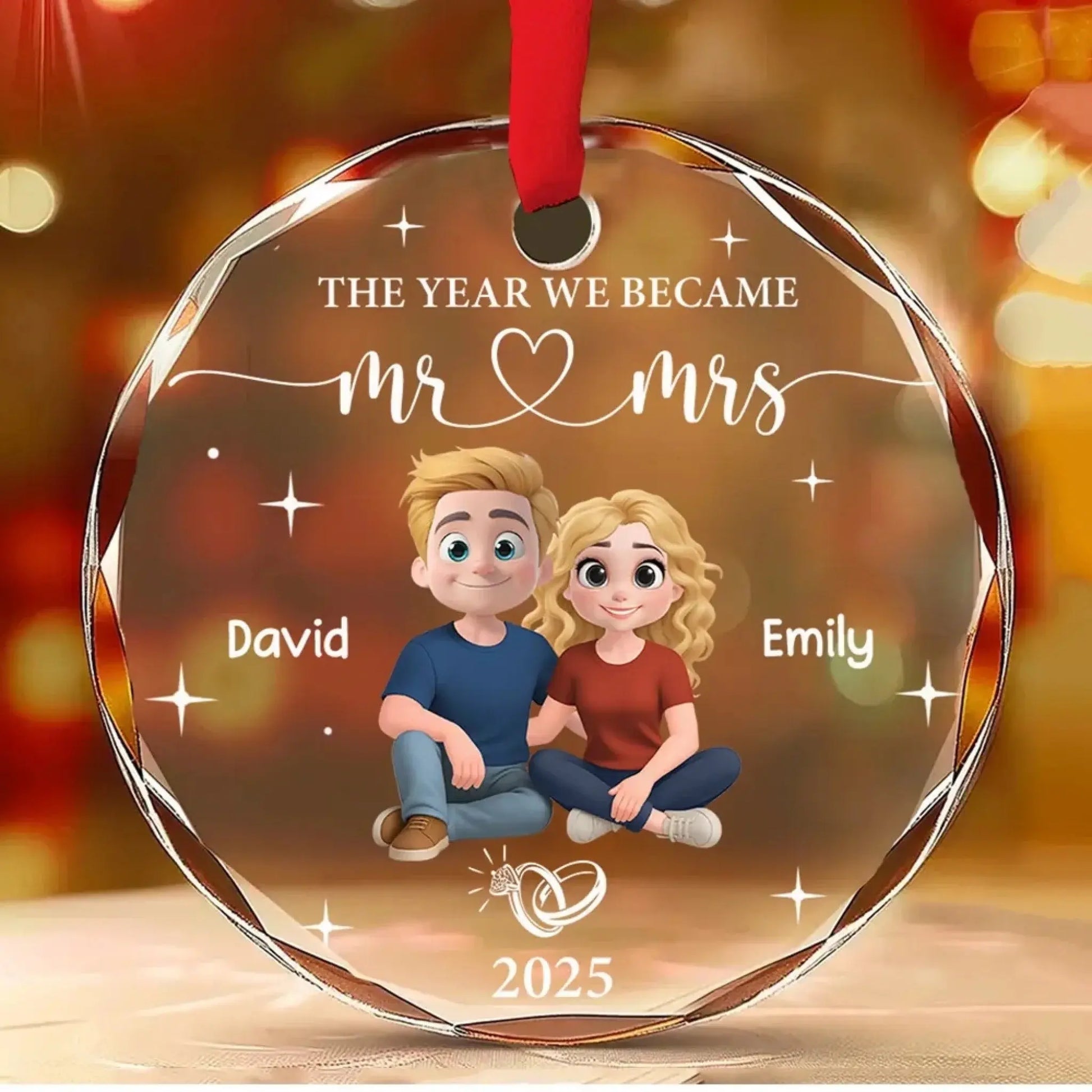 Mr ♥ Mrs Round Crystal Ornament – Seated Couple with Star Accents – Personalized Anniversary Gift for Husband, Wife, or Partner  Ezcustomize