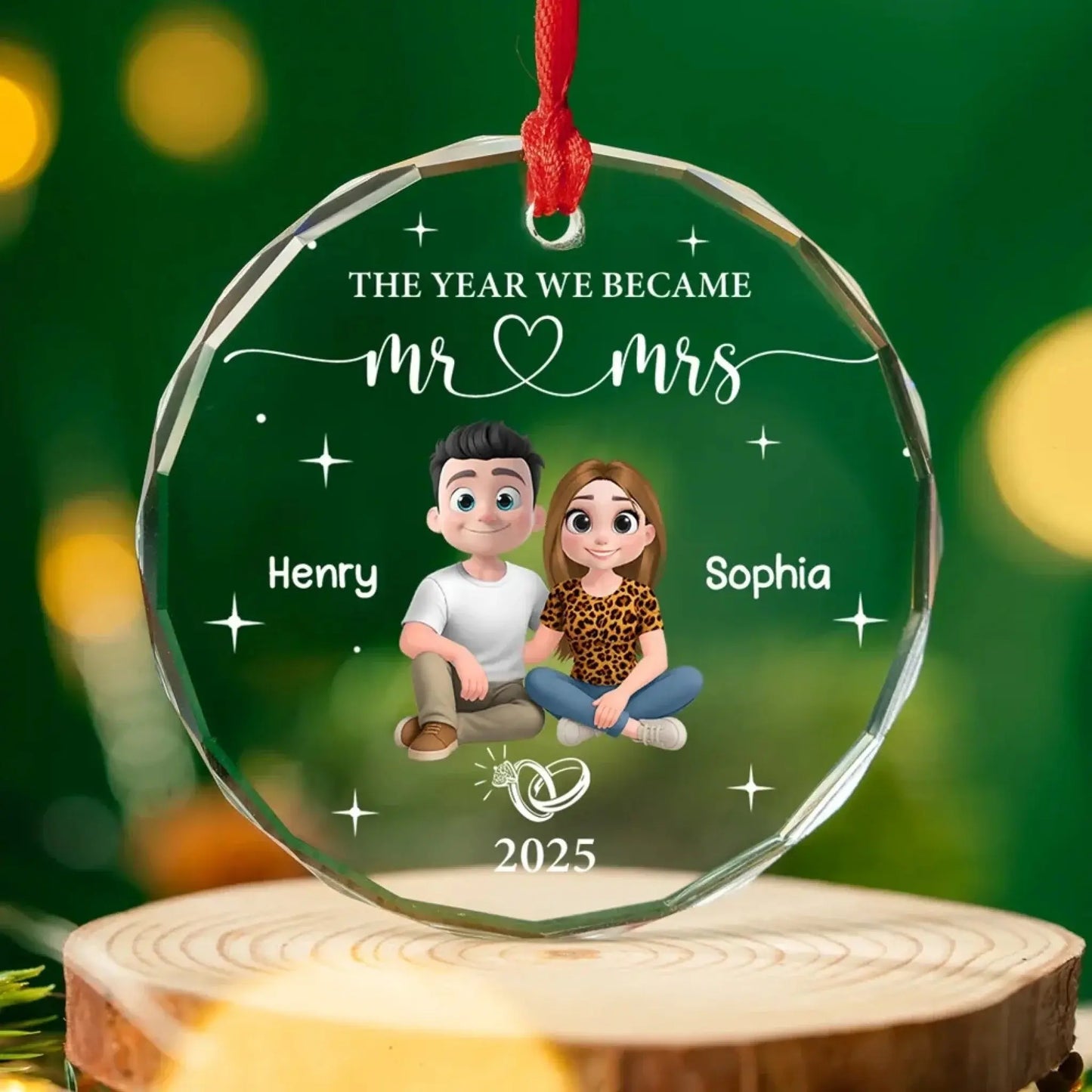 Mr ♥ Mrs Round Crystal Ornament – Seated Couple with Star Accents – Personalized Anniversary Gift for Husband, Wife, or Partner  Ezcustomize