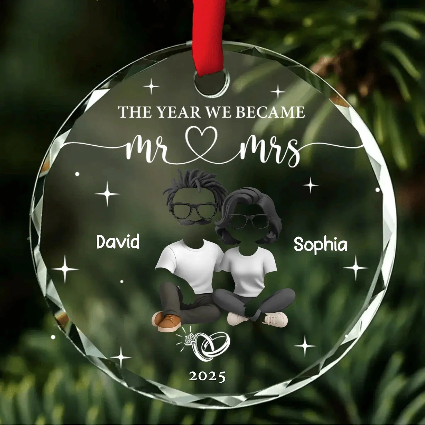 Mr ♥ Mrs Round Crystal Ornament – Seated Couple with Star Accents – Personalized Anniversary Gift for Husband, Wife, or Partner  Ezcustomize