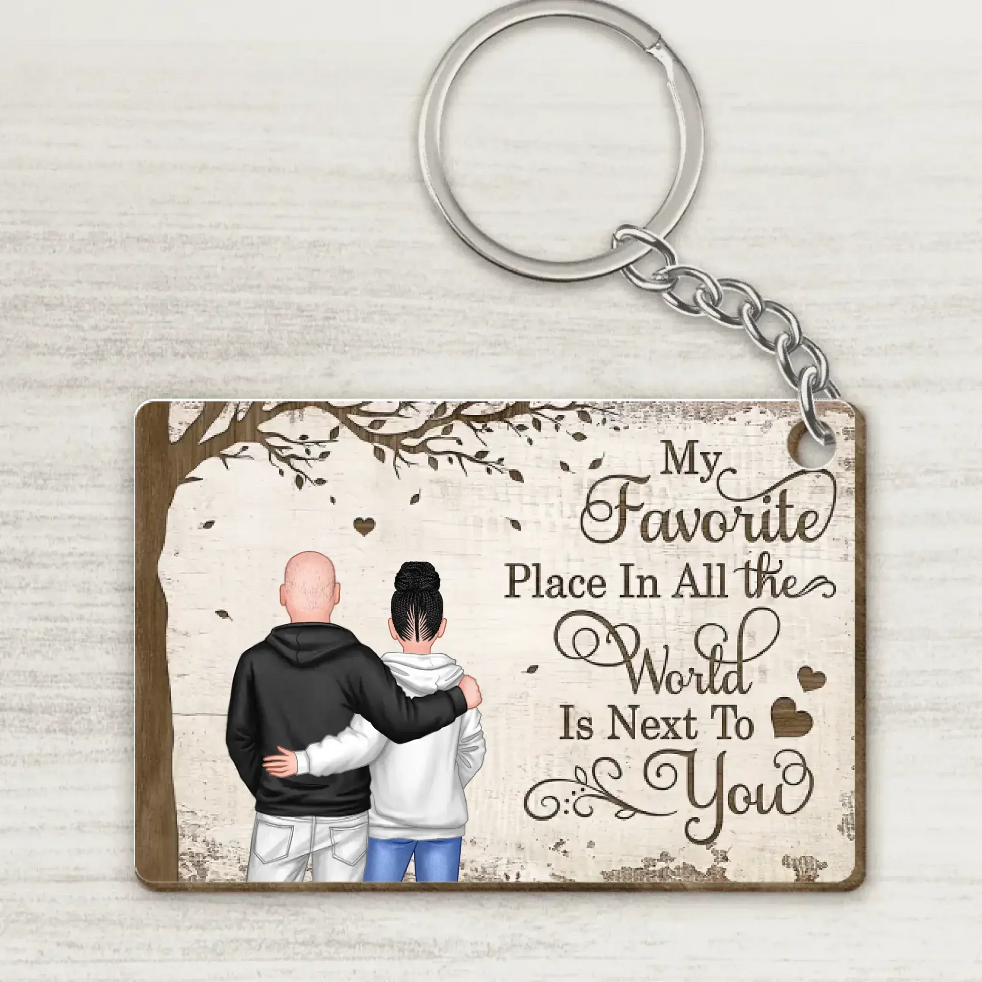 My Favorite Place In All The World Is Next To You, Couple Standing Together Personalized Wooden Keychain, Gift for him, Gift for her  Ezcustomize