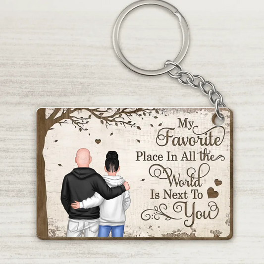 My Favorite Place In All The World Is Next To You, Couple Standing Together Personalized Wooden Keychain, Gift for him, Gift for her  Ezcustomize