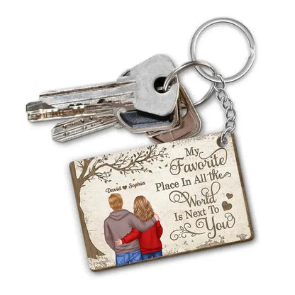 My Favorite Place In All The World Is Next To You, Couple Standing Together Personalized Wooden Keychain, Gift for him, Gift for her  Ezcustomize
