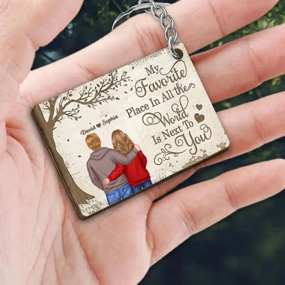 My Favorite Place In All The World Is Next To You, Couple Standing Together Personalized Wooden Keychain, Gift for him, Gift for her  Ezcustomize