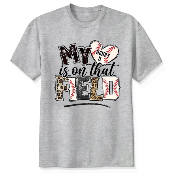 My Heart Is on That Field – Personalized T-Shirt – Custom Gift for Sport Mom or Grandma with Kids’ Names or Jersey Numbers