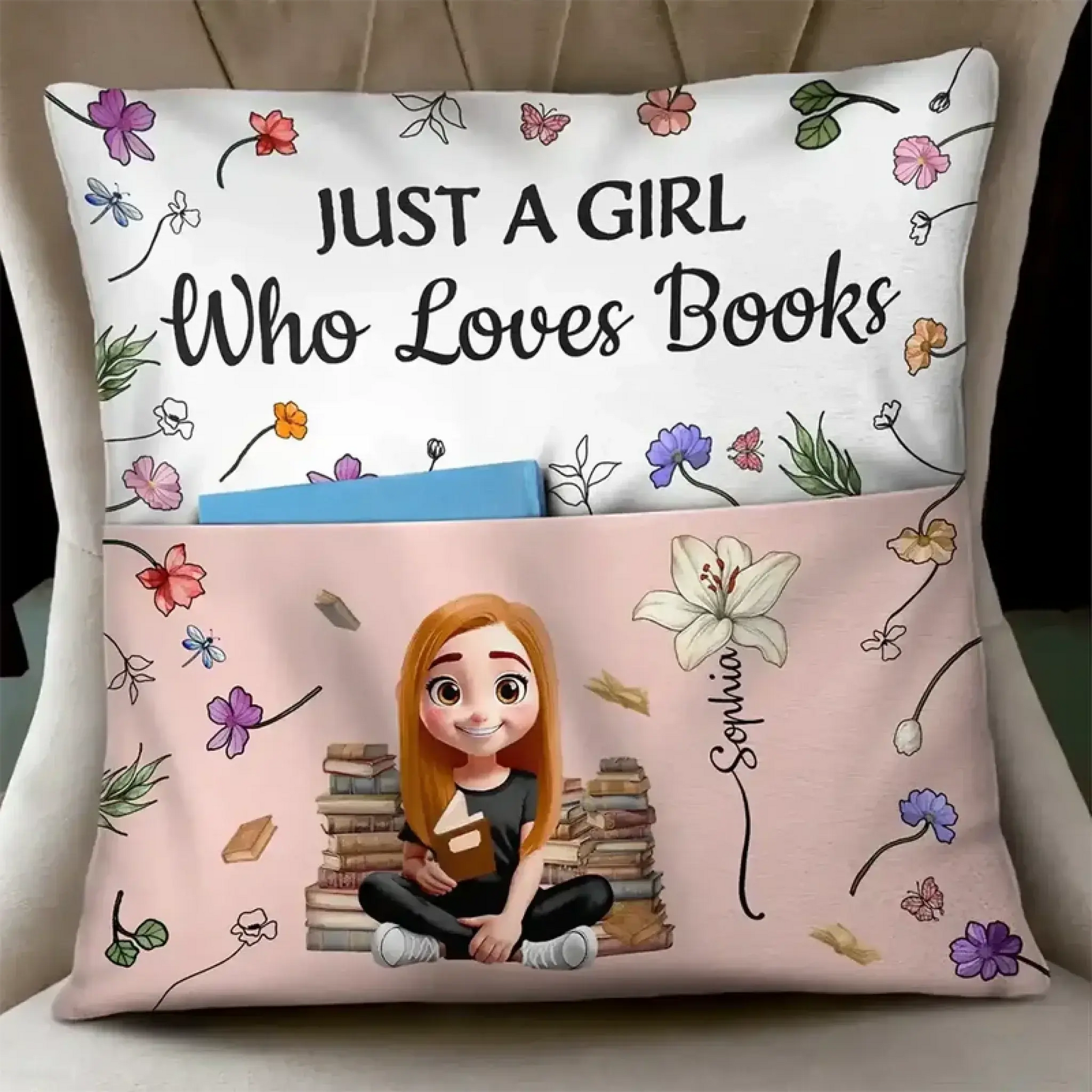 My Reading Pillow Girl with Birth Month Flower – Personalized Pocket Pillow – Thoughtful Birthday & Christmas Gift for Book Lovers and Readers  Ezcustomize