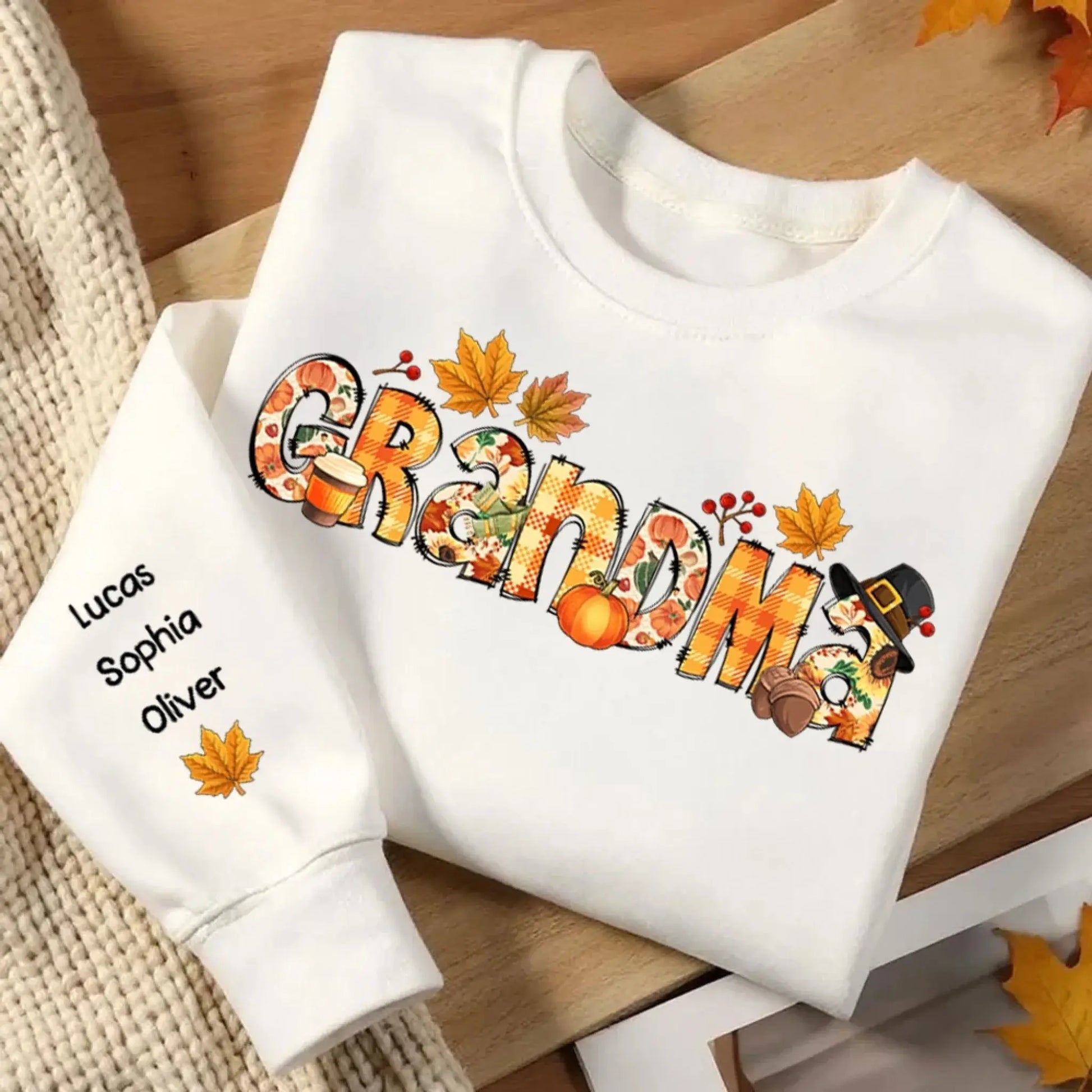Nana Grandma Bundle – Fall Season Thanksgiving Alphabet Doodle Sweatshirt – Personalized Cozy Gift from Grandkids to Grandma  Ezcustomize