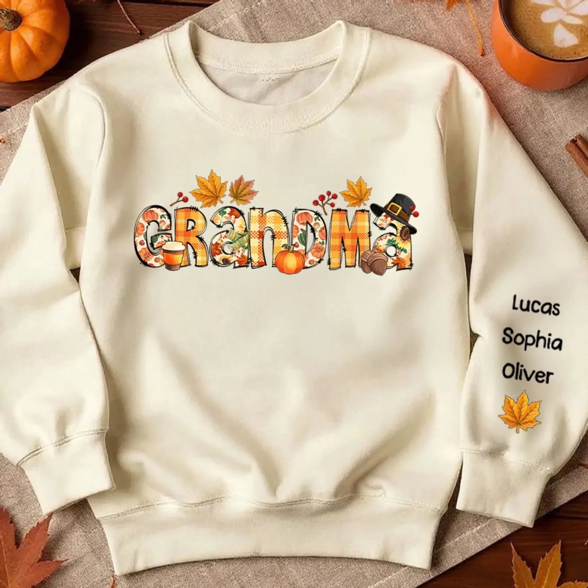 Nana Grandma Bundle – Fall Season Thanksgiving Alphabet Doodle Sweatshirt – Personalized Cozy Gift from Grandkids to Grandma  Ezcustomize