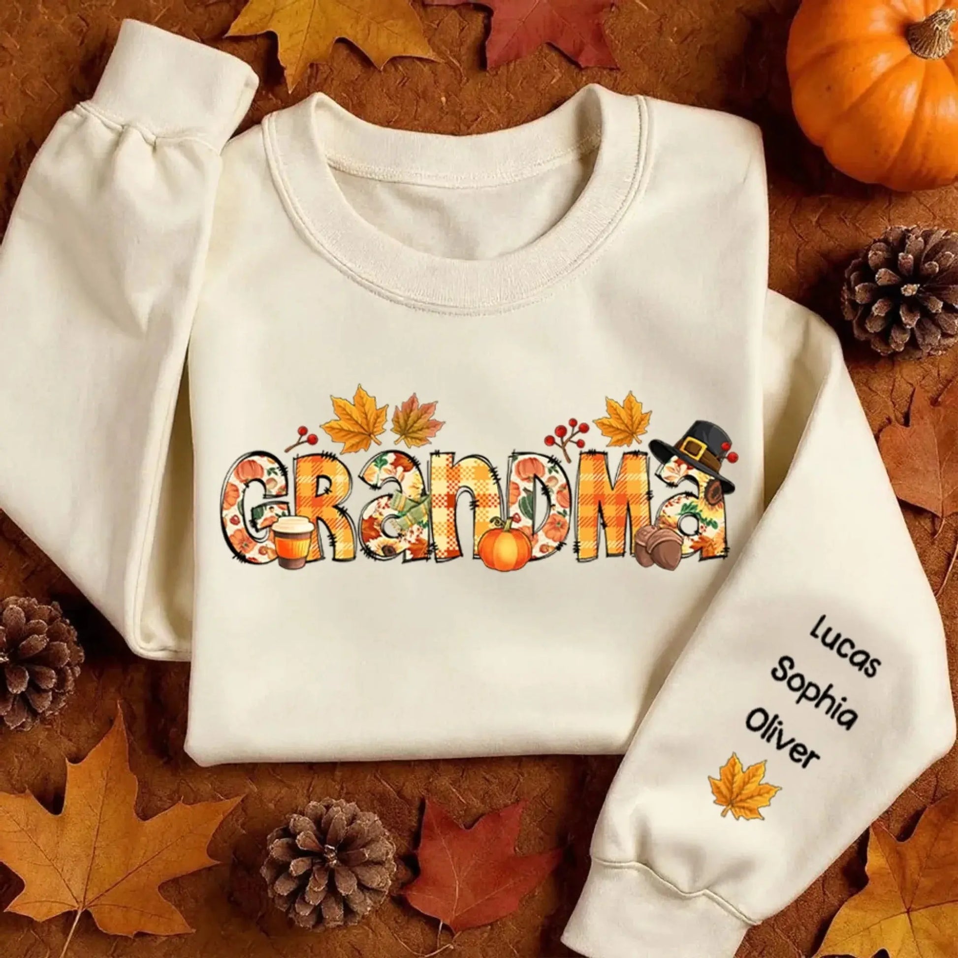 Nana Grandma Bundle – Fall Season Thanksgiving Alphabet Doodle Sweatshirt – Personalized Cozy Gift from Grandkids to Grandma  Ezcustomize