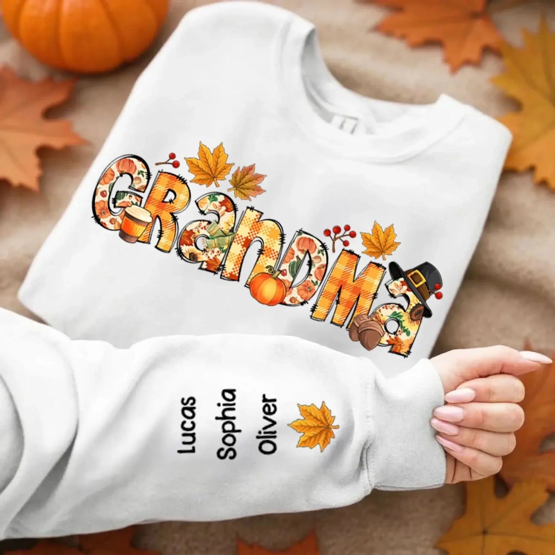 Nana Grandma Bundle – Fall Season Thanksgiving Alphabet Doodle Sweatshirt – Personalized Cozy Gift from Grandkids to Grandma  Ezcustomize