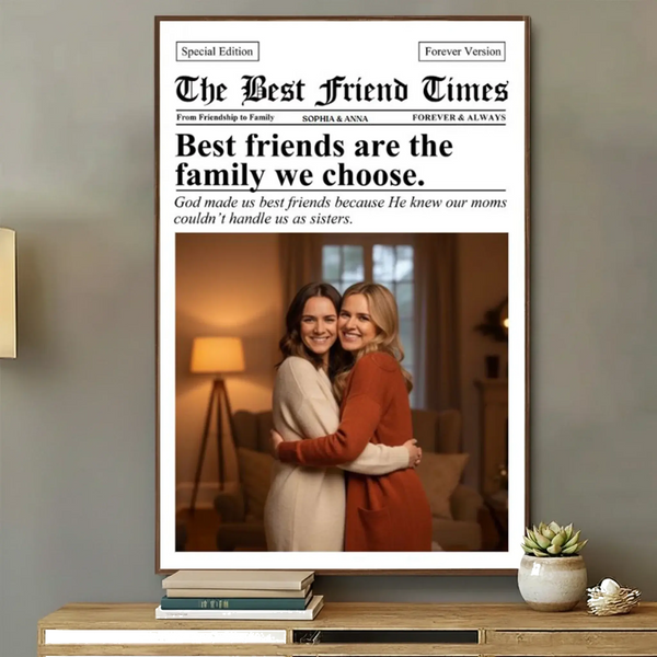 Newspaper The BFF Times Bestie Photo Upload – Personalized Photo Poster or Canvas Wall Art – Fun Birthday & Friendship Gift for Best Friends