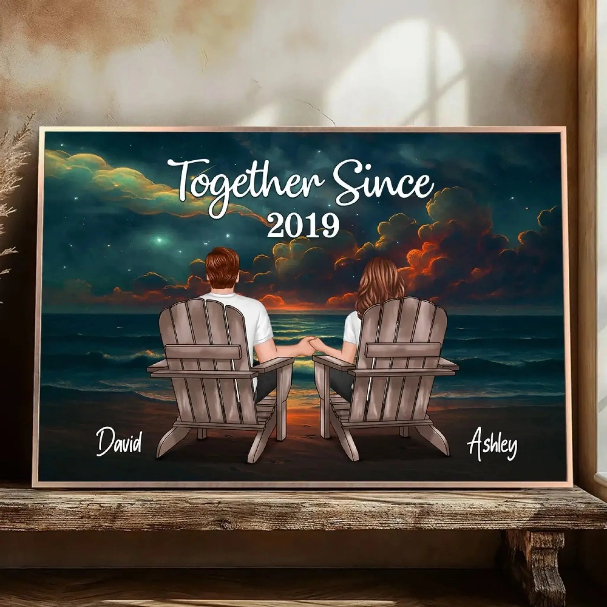 Night Beach Landscape Couple Back View – Personalized Poster – Romantic Custom Gift for Anniversary, Valentine’s Day or Just Because  Ezcustomize