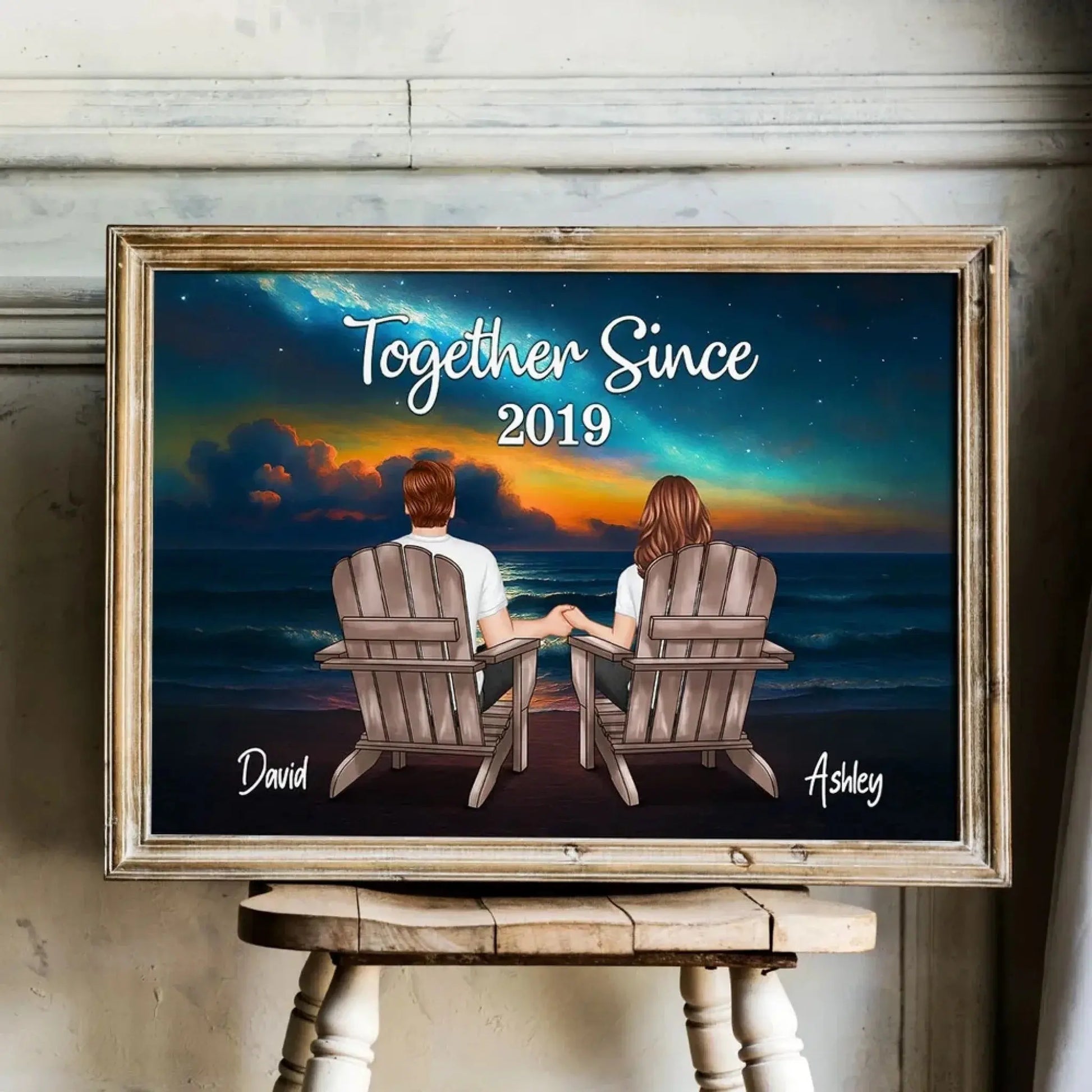 Night Beach Landscape Couple Back View – Personalized Poster – Romantic Custom Gift for Anniversary, Valentine’s Day or Just Because  Ezcustomize