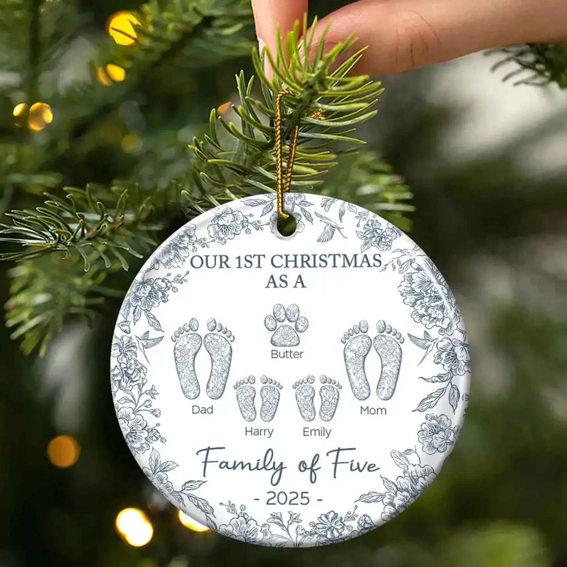 Our 1st Christmas as a Family of Four – Personalized Ceramic Ornament with Footprints & Paw Print – Custom Holiday Keepsake for Family & Pets  Ezcustomize