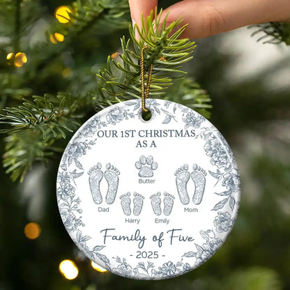 Our 1st Christmas as a Family of Four – Personalized Ceramic Ornament with Footprints & Paw Print – Custom Holiday Keepsake for Family & Pets  Ezcustomize