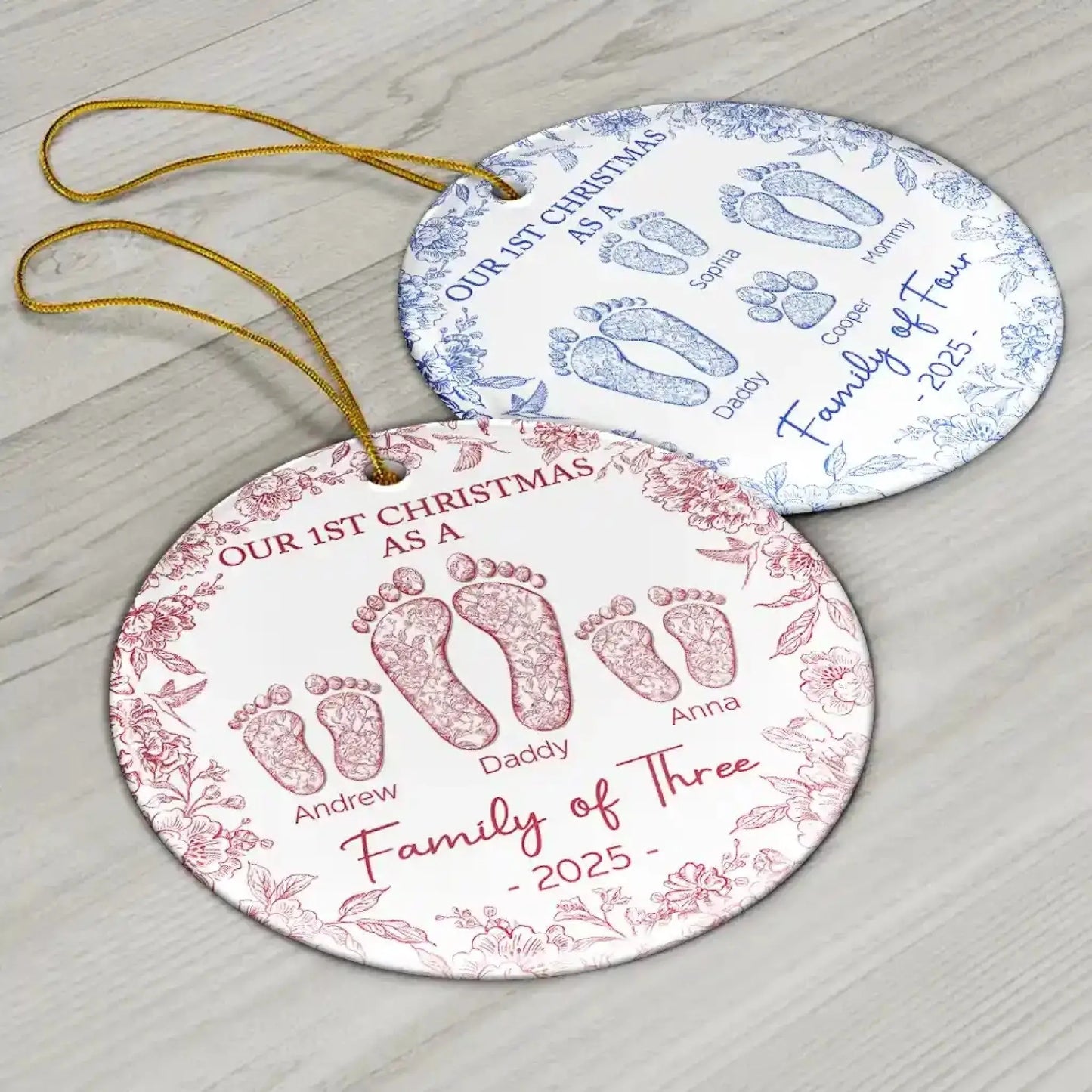 Our 1st Christmas as a Family of Four – Personalized Ceramic Ornament with Footprints & Paw Print – Custom Holiday Keepsake for Family & Pets  Ezcustomize