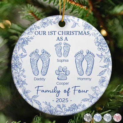 Our 1st Christmas as a Family of Four – Personalized Ceramic Ornament with Footprints & Paw Print – Custom Holiday Keepsake for Family & Pets  Ezcustomize