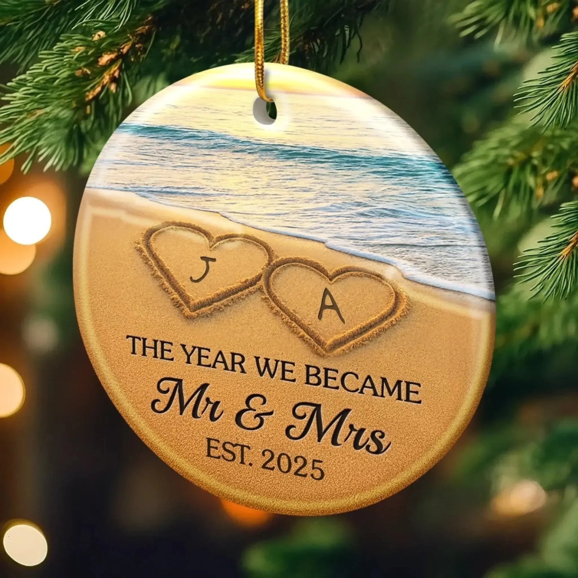 Our Happily Ever After Set in Sand – Personalized Ceramic Ornament – Custom Anniversary, Wedding & Christmas Gift for Husband & Wife  Ezcustomize