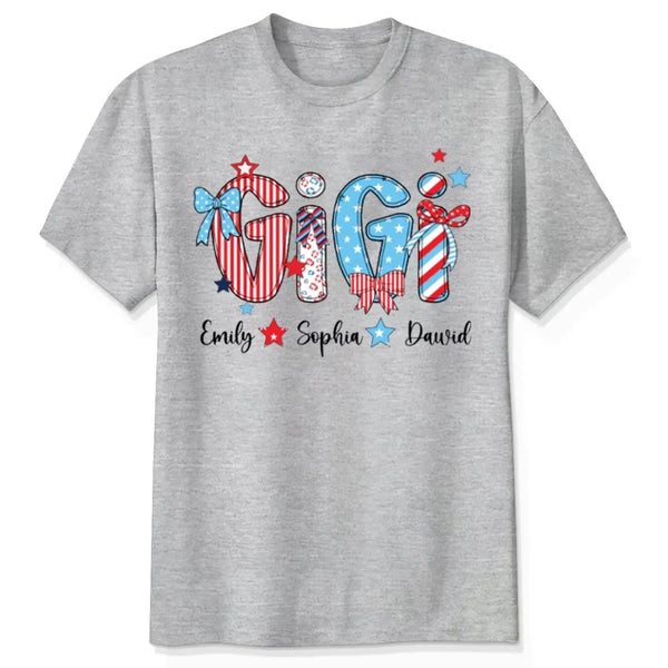 Patriotic Grandma Shirt – Personalized 4th of July T-Shirt with Custom Grandkids’ Names, American Flag Style Gift for Gigi, Nana