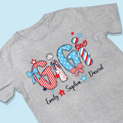 Patriotic Grandma Shirt – Personalized 4th of July T-Shirt with Custom Grandkids’ Names, American Flag Style Gift for Gigi, Nana  Ezcustomize