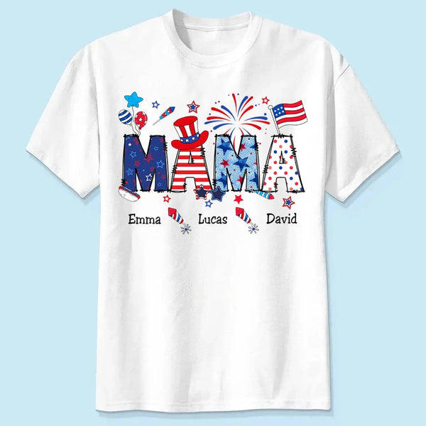 Personalized 4th of July Fireworks Shirt – Custom Independence Day Gift for Mama, Grandma, Gigi, Nana, Mimi with Kids' Names