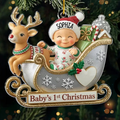 Personalized Baby’s First Christmas Ornament 2026 – Custom Acrylic Sleigh Ornament with Name, Newborn Holiday Keepsake for New Parents