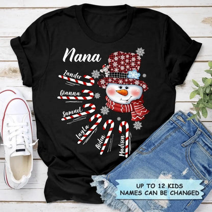 Personalized Christmas Shirt for Grandma – Snowman Candy Cane Grandkids Name Tee, Custom Nana Holiday Gift  Ezcustomize