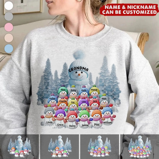 Personalized Christmas Snowman Sweatshirt – Blue Winter Vibe Gift for Grandma, Mom, Custom Names of Grandkids  Ezcustomize