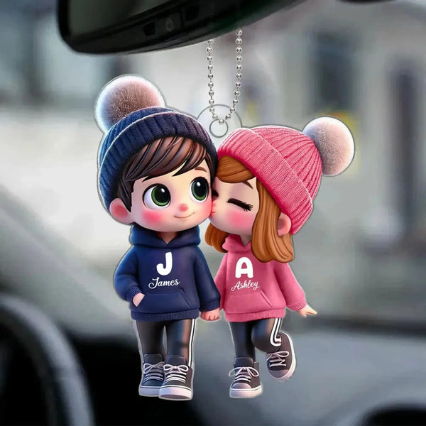 Personalized Couple Car Hanger – Cute Kissing Moment Acrylic Ornament – Custom Gift for Boyfriend, Girlfriend or Partner
