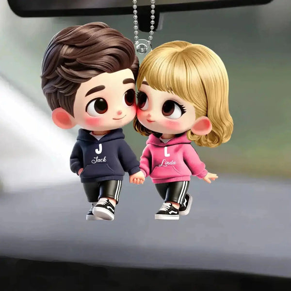 Personalized Couple Car Hanger – Cute Lovers in Hoodies Holding Hands – Custom Acrylic Ornament Gift for Boyfriend or Girlfriend