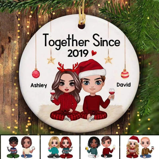 Personalized Couple Sitting Christmas Ornament – Custom Cartoon Ceramic Gift with Names & Quote for Him Her  Ezcustomize