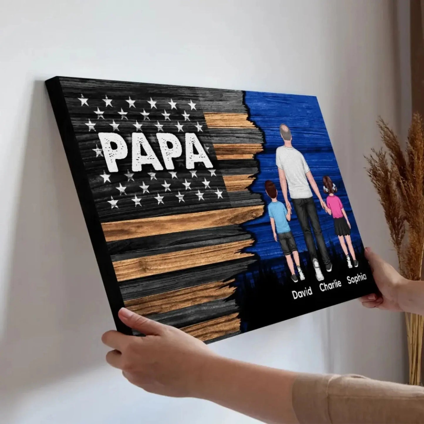 Personalized Dad & Grandpa Canvas/Poster - Walking with Kids Half Nation Flag Father’s Day Gift  Ezcustomize