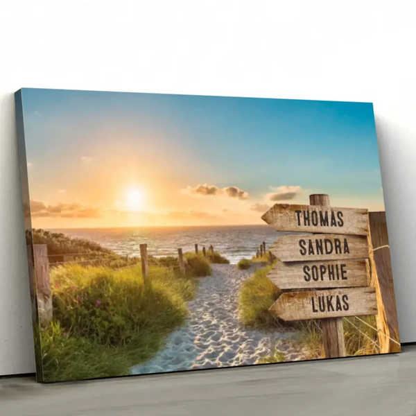 Personalized Family Beach Signpost Canvas – Custom Coastal Wall Art with Names, Sunset Seaside Gift for Summer Memories
