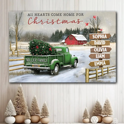 Personalized Family Christmas Truck Canvas or Poster – Custom Names on Signpost, Vintage Winter Farm Scene Holiday Wall Art  Ezcustomize