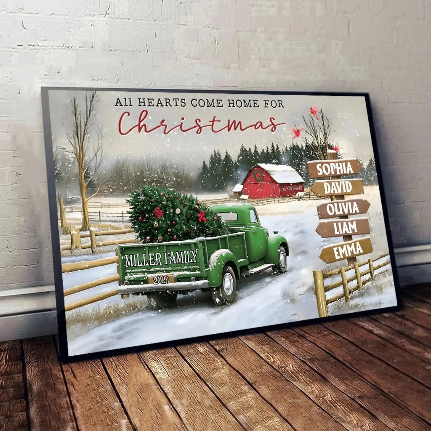 Personalized Family Christmas Truck Canvas or Poster – Custom Names on Signpost, Vintage Winter Farm Scene Holiday Wall Art  Ezcustomize
