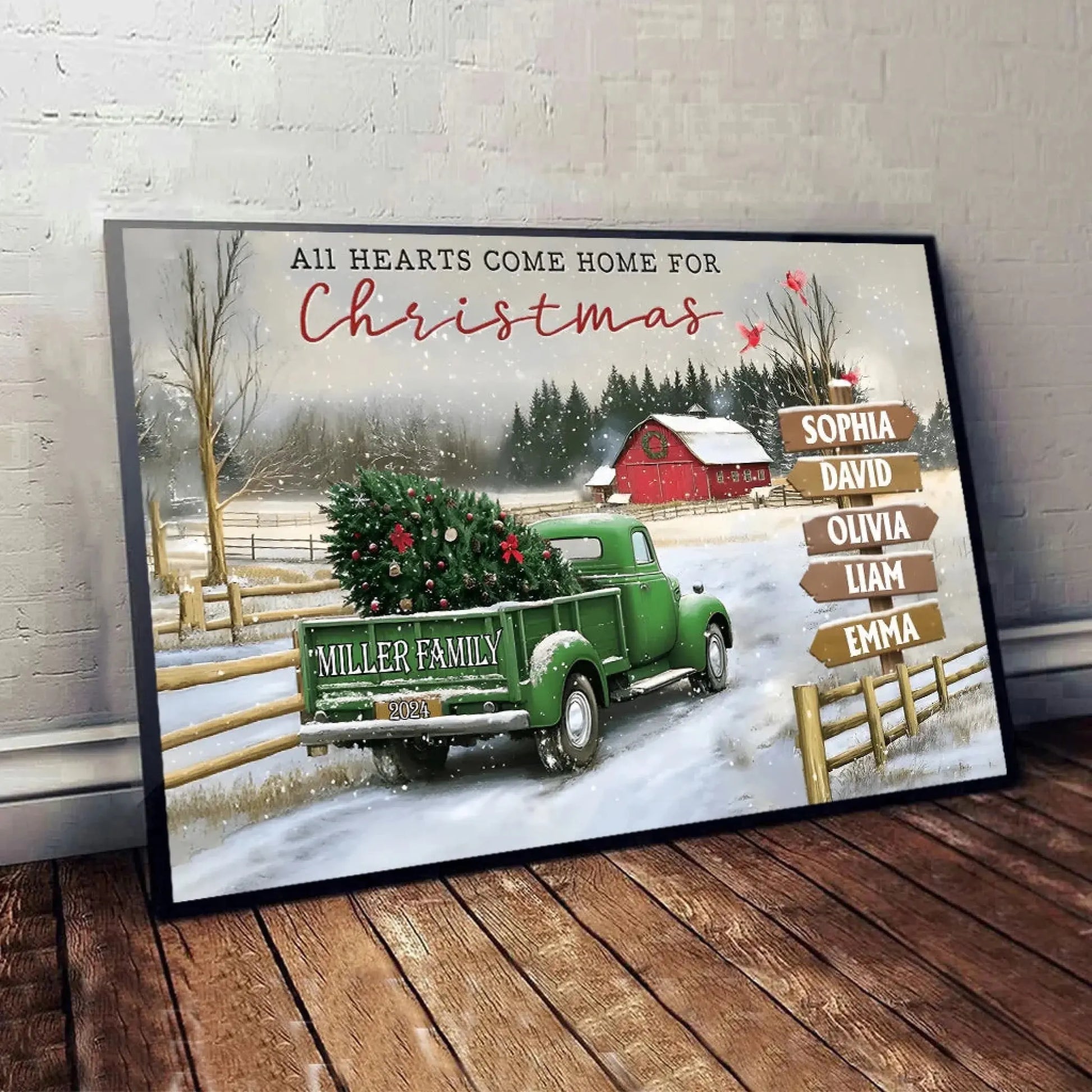 Personalized Family Christmas Truck Canvas or Poster – Custom Names on Signpost, Vintage Winter Farm Scene Holiday Wall Art  Ezcustomize