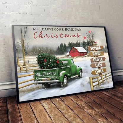 Personalized Family Christmas Truck Canvas or Poster – Custom Names on Signpost, Vintage Winter Farm Scene Holiday Wall Art  Ezcustomize