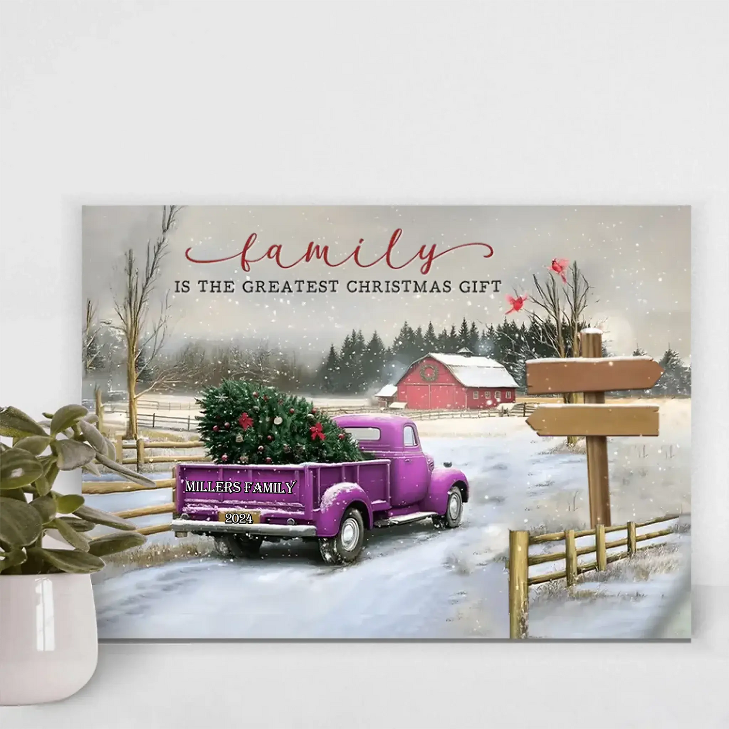 Personalized Family Christmas Truck Canvas or Poster – Custom Names on Signpost, Vintage Winter Farm Scene Holiday Wall Art  Ezcustomize