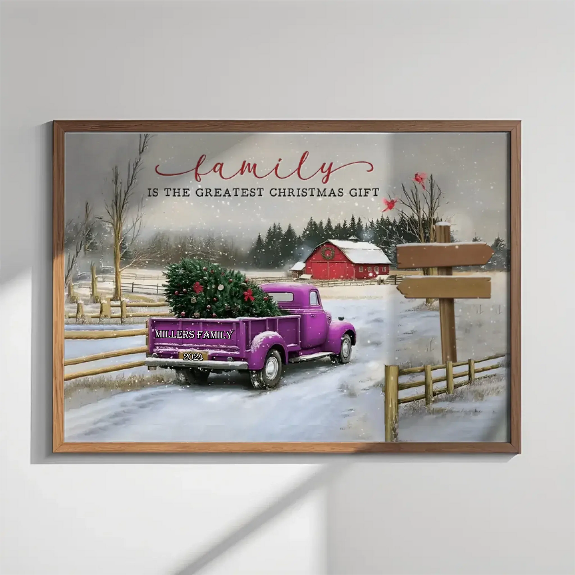 Personalized Family Christmas Truck Canvas or Poster – Custom Names on Signpost, Vintage Winter Farm Scene Holiday Wall Art  Ezcustomize
