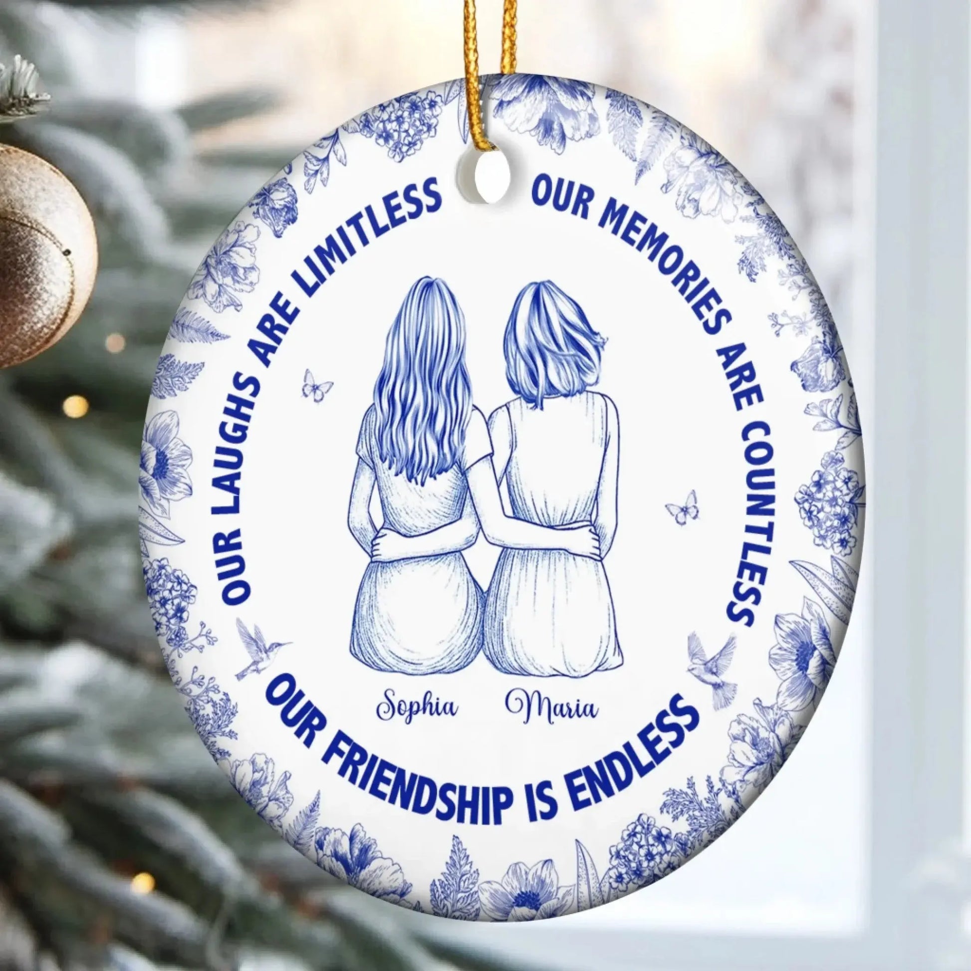 Personalized Friendship Ceramic Ornament – Our Laughs Are Limitless Quote, Custom Toile De Jouy Christmas Gift for Best Friends, Sisters  Ezcustomize
