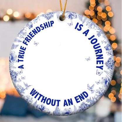 Personalized Friendship Ceramic Ornament – Our Laughs Are Limitless Quote, Custom Toile De Jouy Christmas Gift for Best Friends, Sisters  Ezcustomize