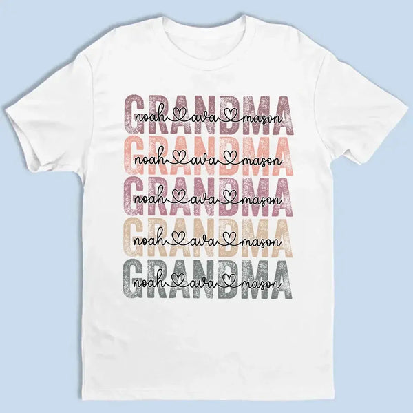 Personalized Grandma Shirt – Stacked Name Tee with Hearts, Custom Gift for Nana, Gigi, Mimi