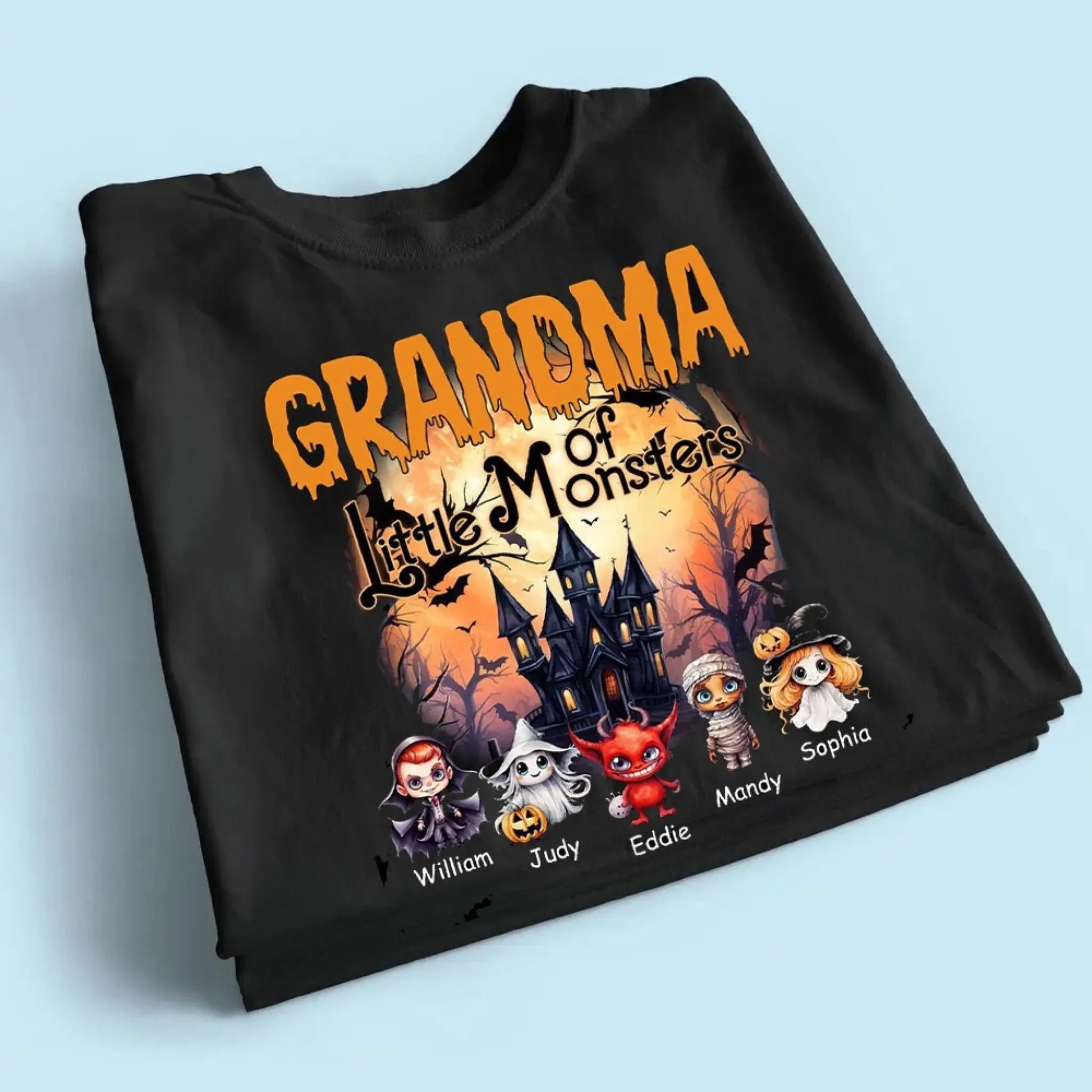 Personalized Grandma or Grandpa Halloween Shirt – Custom “Little Monsters” T-Shirt with Grandkids’ Names – Fun Spooky Gift for Grandparents  Ezcustomize