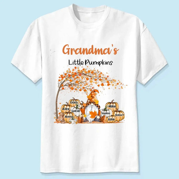 Personalized Grandma’s Little Pumpkins Shirt – Custom Fall T-Shirt with Grandkids’ Names – Cute Autumn Gift for Nana, Mimi, Mom, or Grandparent