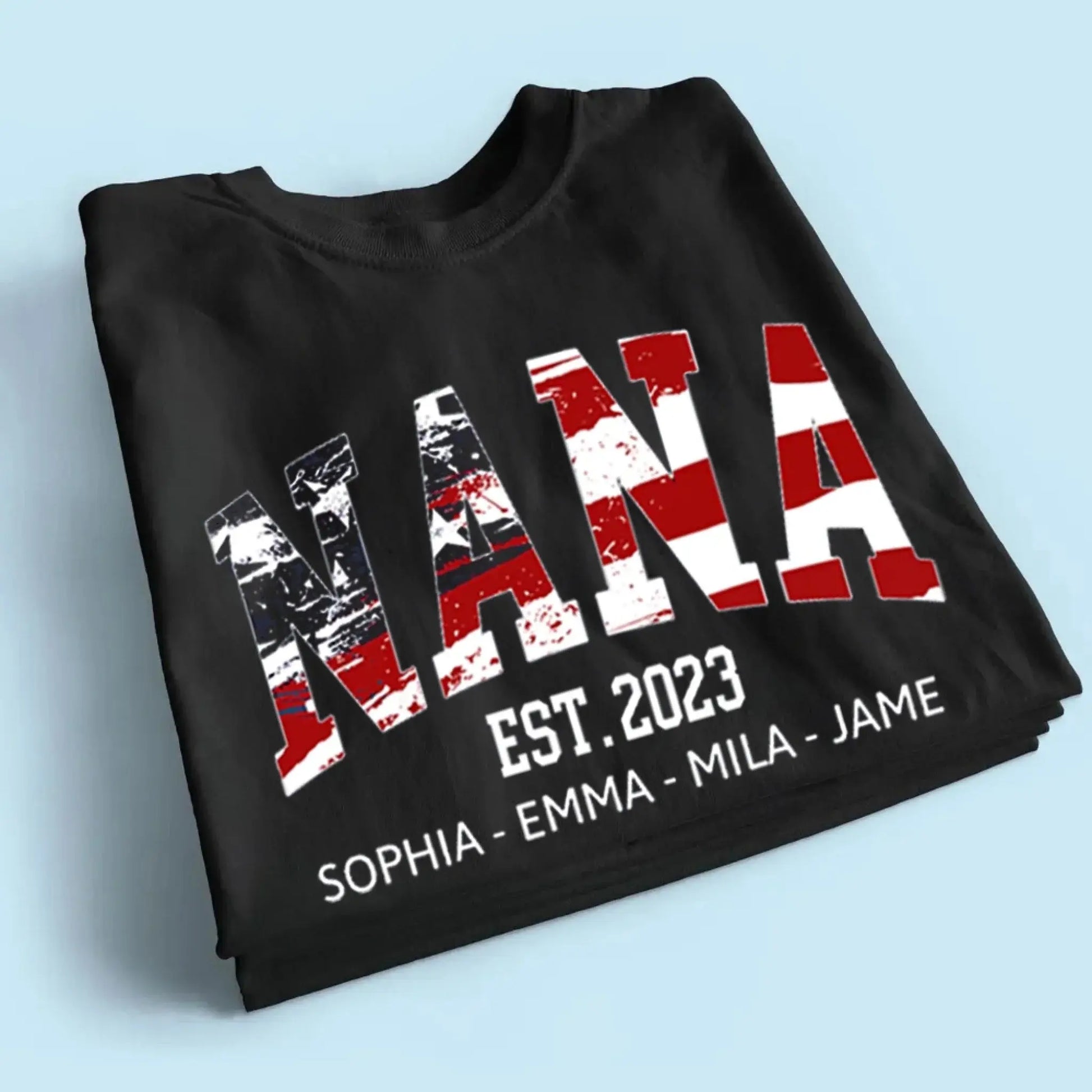 Personalized Nana Shirt with Kids’ Names & EST Year – 4th of July Gift for Grandma, American Flag Theme  Ezcustomize