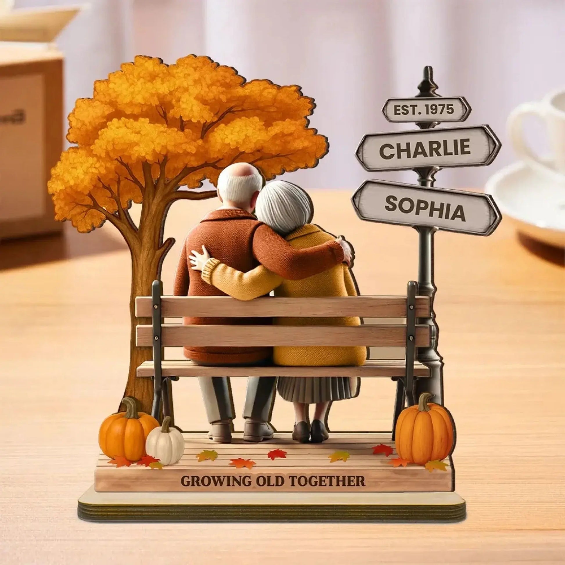 Personalized Old Couple Wooden Plaque – Fall Season Park Design, Custom Anniversary Gift, Growing Old Together Romantic Decor  Ezcustomize