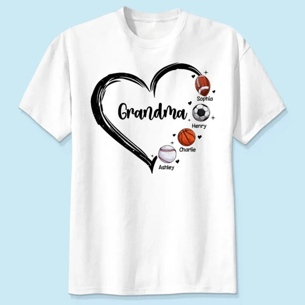 Personalized Sport Mom or Grandma Shirt – Heart Design with Custom Kids’ Names