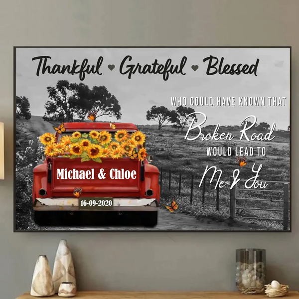 Personalized Sunflower Truck Canvas – Custom Name & Date Wall Art Gift for Couple, Anniversary, Wedding